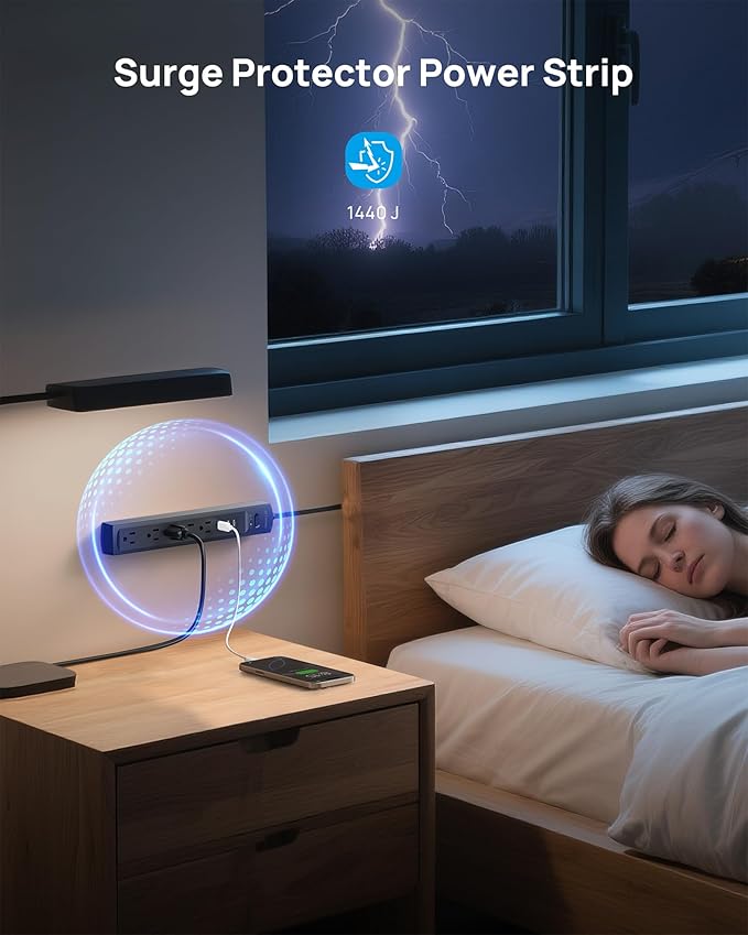 TROND Surge Protector Power Strip with 360° Rotating Flat Plug, 5 Widely Spaced Outlets with 2 USB C and 2 USB A, 1440J Surge Protector, Wall Mountable, Extension Cord 3ft for Home Office Dorm, Black