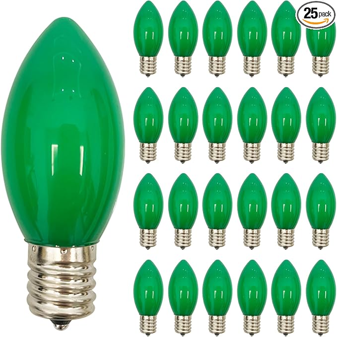 GOOTHY 25 Pack C9 Green Replacement Light Bulbs, Vintage C9 Christmas String Lights Bulbs, E17 Base 7W Incandescent Night Light Chandelier Bulbs for Outdoor Christmas St. Patrick's Day - Green