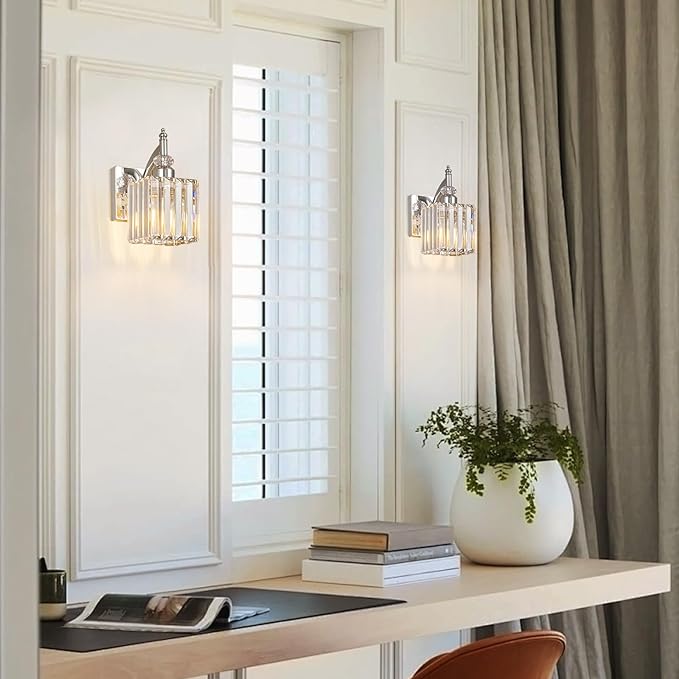Modern Wall Sconces Set of Two Chrome Wall Sconces Indoor Wall Lamp Crystal Wall Light Wall Mounted Room Sconce Wall Lighting Bathroom Vanity Light Fixtures