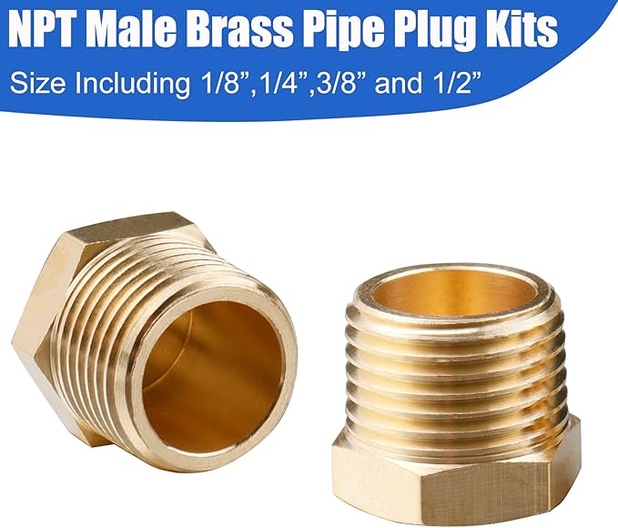 WHK 24 PCS Brass Hex Pipe Plug Fittings Kits,Brass Plugs Fitting Assortment 1/8" 1/4" 3/8" 1/2" NTP Brass Plug Male Threaded