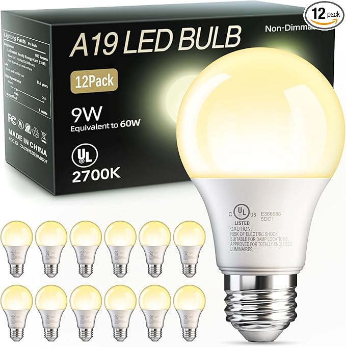 TJOY 12 Pack A19 LED Light Bulbs 60 Watt Equivalent, Efficient 9W, Soft Warm White 2700K, E26 Standard Base, Non Dimmable Energy Saving Warm Light Bulb for Home Bedroom, 800LM, 120V, 80 CRI, UL Listed