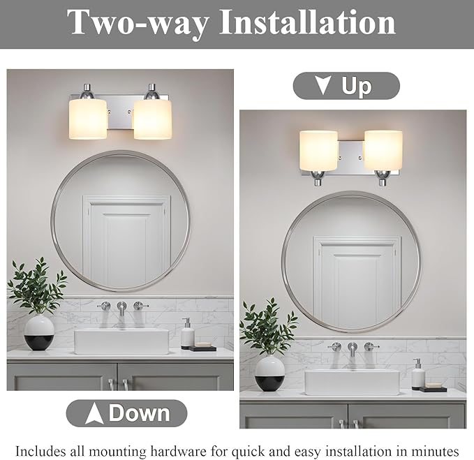 Stainless Steel Milk Glass Vanity Lights for Bathroom, 2 Light Polished Chrome Bathroom Light Fixtures Over Mirror, Ceramic E26 Sockets Wall Mounted