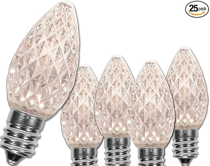Wintergreen Lighting 25 Pack OptiCore C7 LED Christmas Light Bulbs - Replacement LED Christmas Lights Heavy Duty Premium Outdoor Christmas Lights, E12 Base(Warm White Faceted)