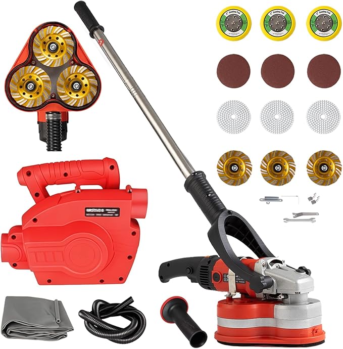 Electric Diamond Polisher Machine with Extendable Handle & Vacuum Port, 6-Speed Concrete Grinder for Dustless Floor and Wall Grinding, Epoxy, Paint, Stone, Cement, and Metal Surface Removal