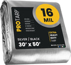 PROTARP Extra Heavy Duty 16 Mil Tarp Cover, Waterproof, UV Resistant, Rip and Tear Proof, Poly Tarpaulin with Reinforced Edges for Roof, Camping, Patio, Pool, Boat. (Silver/Black 30′ X 50′)