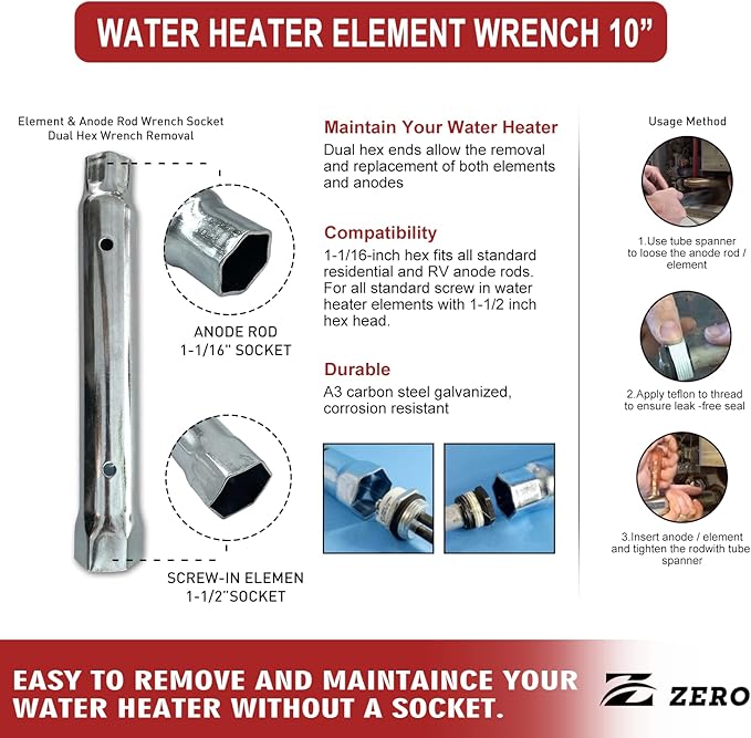 Zero EWH-04 Dual Wrench Socket Removal Tool and Plumber's TOD Style Thermostats Kit
