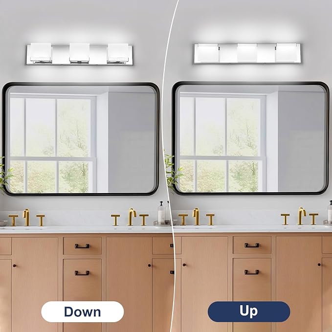 SineRise LED Modern Bathroom Vanity Light Fixtures (3-Light, 24-Inch, 6000K), Chrome Modern Acrylic Bathroom Wall Lighting Fixtures Over Mirror