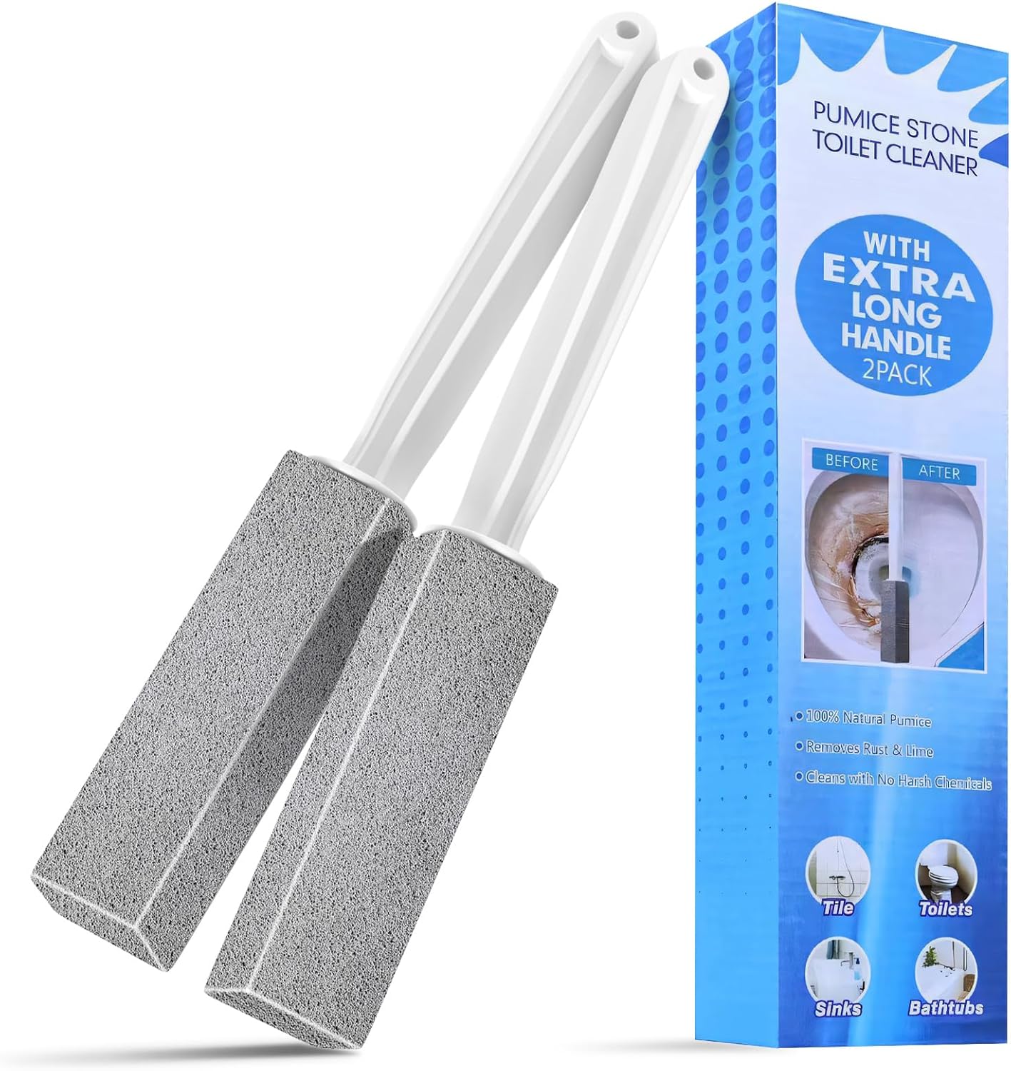 Toilet Bowl Cleaner Pumice Stone- Hard Water Stain Remover, Eliminates Toilet Bowl Rings，Rust &Lime Buildup，Multi-Surface Use for Grills ，Sink，Pool，Bathroom【2Pack】 (Extra Long Handle)