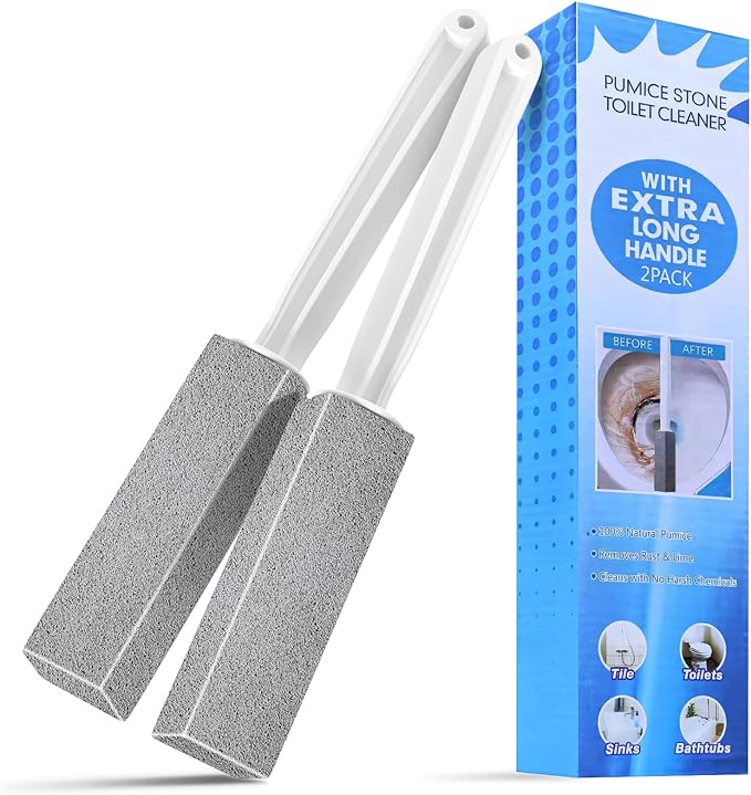 Toilet Bowl Cleaner Pumice Stone- Hard Water Stain Remover, Eliminates Toilet Bowl Rings，Rust &Lime Buildup，Multi-Surface Use for Grills ，Sink，Pool，Bathroom【2Pack】 (Extra Long Handle)