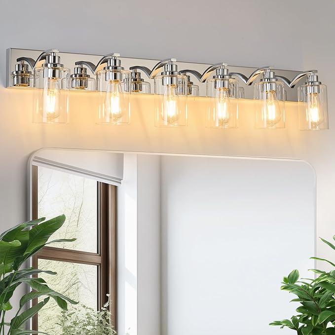 6-Light Bathroom Light Fixtures Modern Chrome Vanity Lights for Bathroom Lighting Fixtures Over Mirror with Clear Glass Shade for Cabinet Mirror Bedroom Hallway