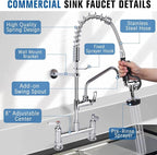 21" Height Commercial Sink Faucet Deck Mount with Pre-Rinse Sprayer, Commercial Kitchen Faucet with 8" Add-on Swing Spout Faucet & Spring Pull Down Sprayer, 8" Adjustable Center Kitchen Faucet