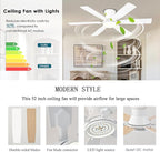 52inch Low Profile Ceiling Fan with Light and Remote/APP Control, LED Dimmable DC ReversibleModern, Flush Mount,6 Blade,White Ceiling Fan for Bedroom Living Room/Outdoor Use