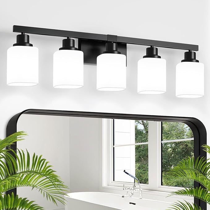 5-Light Bathroom Vanity Light, Modern Matte Black Bathroom Light Fixtures with Square Frosted Glass, Wall Sconces fixtures Over Mirror Restroom,Living Room Hallway E26