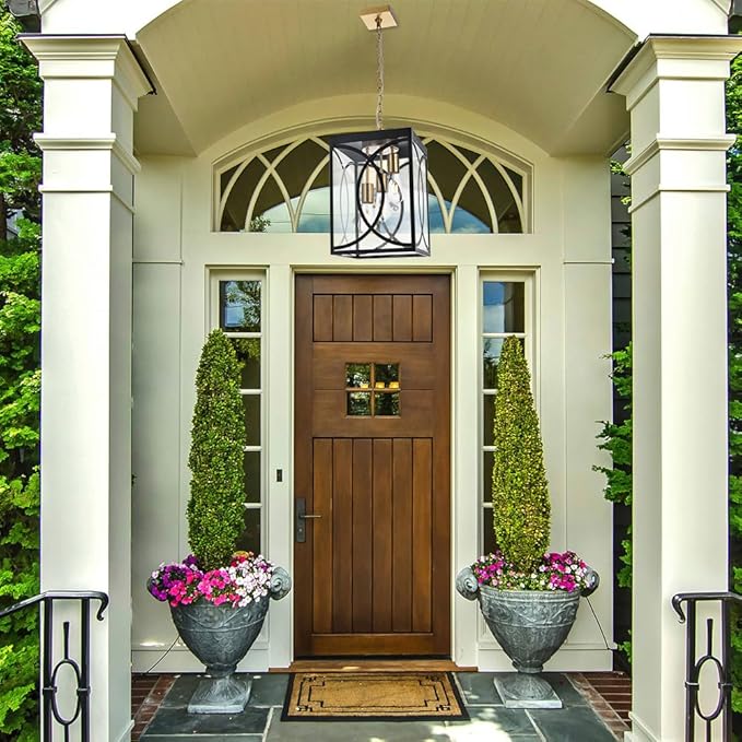 Outdoor Pendant Light Fixtures, Modern 3-Lights Exterior Hanging Lantern Clear Glass Panel, Black Large Outdoor Chandelier for Porch Patio Front Door