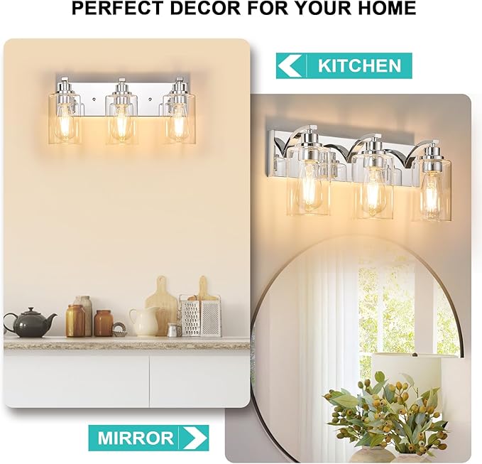 3-Light Bathroom Light Fixtures Modern Chrome Vanity Lights for Bathroom Lighting Fixtures Over Mirror with Clear Glass Shade for Cabinet Mirror Bedroom Hallway