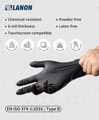 LANON 6 mil Black Nitrile Disposable Gloves, EN ISO 374 Chemical Resistant, Heavy-Duty, Mechanic, Textured Fingertips, Latex-Free, XL