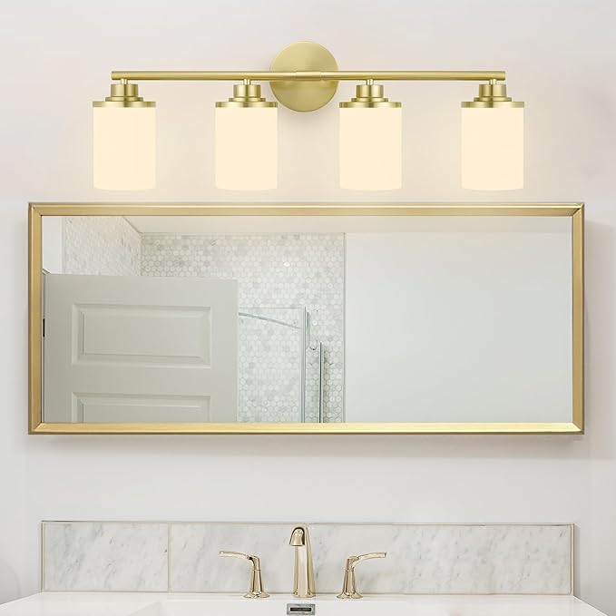 Modern 4-Light Vanity Light Fixtures with Frosted Glass, Brushed Gold Bathroom Sconces Over Mirror