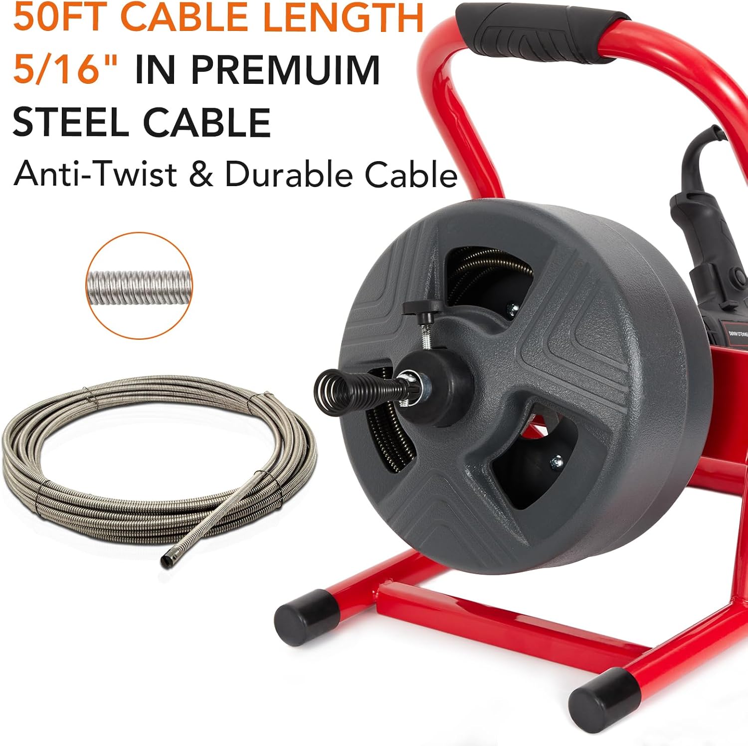 PIONEERWORKS 50Ft x 5/16 Inch Drain Cleaner Machine, Electric Drain Auger Professional for 3/4 to 3 Inch Pipes, Foot Switch with 6 Cutters, Glove, Drain Auger Cleaner Sewer Snake - DA04