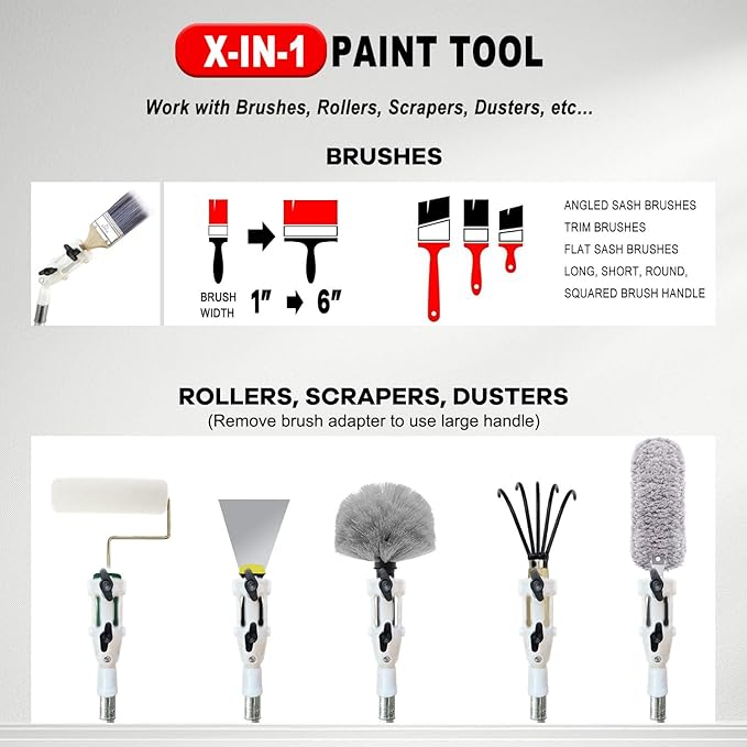 Multi Angle Paint Brush Extender V2, Long Handle Paint Brush, Extension Pole Attachments for Paint Roller, Paint Edger Tool for High Ceilings, Corner Painting Tool for Paint Extension Pole (White)