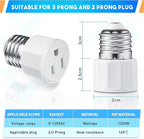 1 Pack E26/ E27 3 Prong Light Bulb Socket Adapter, Polarized Light Socket Outlet, Lights Sockets to Plug Adapter Sockets Converter, Lights Bulb Plug Adapters for Patio, Garage, Porch, White