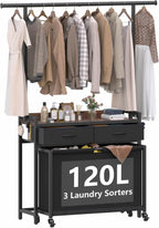 Laundry Sorter Hamper with Hanging Cloth Rack, Laundry Basket with 3 Section Pull-Out Rolling Bags, Laundry Sorter for Organization and Storage with 2 Drawers for Laundry Room (Vinatge Brown)