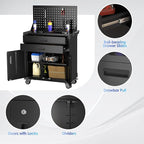 Tool Cart with Wheels and 2 Drawers, Metal Garage Storage Cabinet with Lockable Doors, Pegboard and 4 Hooks for Garage, Workshop, Tool Chest, Heavy Duty Work Bench, Black, Assembly Required