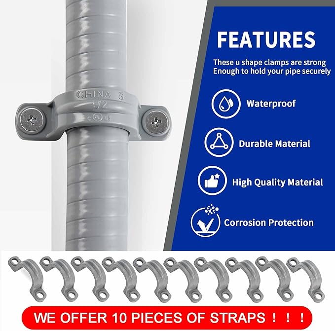 (1/2" Dia * 50 Feet) Yariwiz Flexible Electrical Conduit Liquid Tight PVC Conduit Kit with 5 PCS Coupling, 3 PCS Elbow and 10 PCS Strap, Sealtight Seal Flex Liquidtight Wire Outdoor Non Metallic Grey