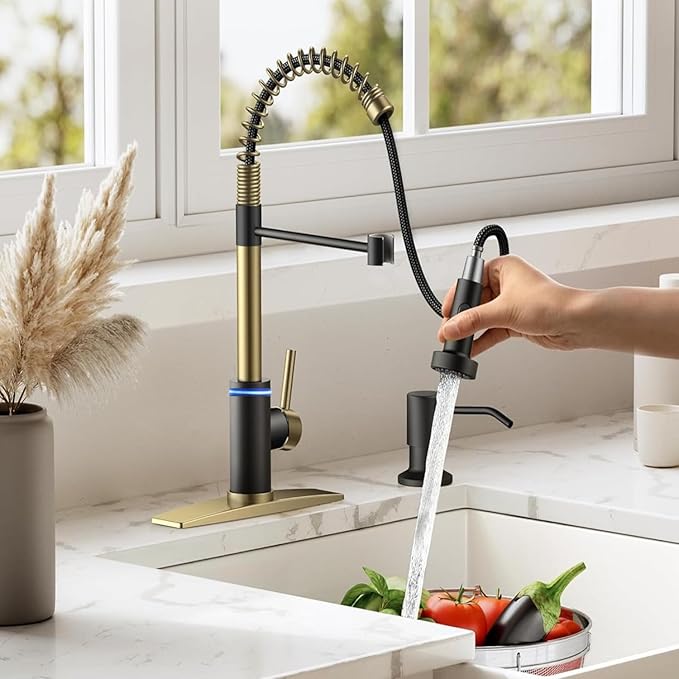 Smart Kitchen Faucet, 3 Modes Pull Down Sprayer, Touch On Sensor Activated, LED Temperature Control, 360-Degree Rotation, 1 or 3 Hole Deck Plate. 10-Year Warranty. (KW-66GR, Brushed Gold/Black)