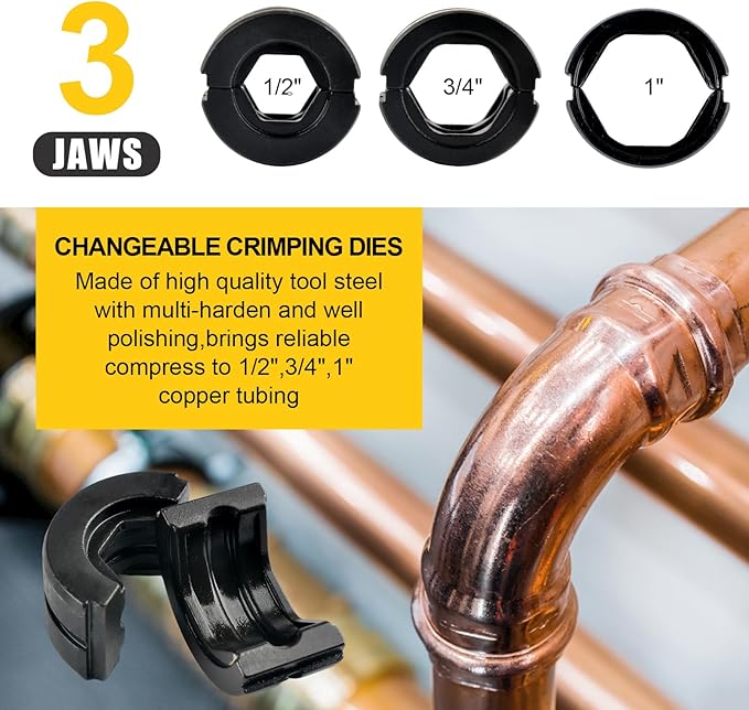 Hydraulic Copper Tube Crimping Tool,Copper Pipe Fittings Crimping and Plumbing Tool with Crimping Dies Jaw 1/2", 3/4", 1"