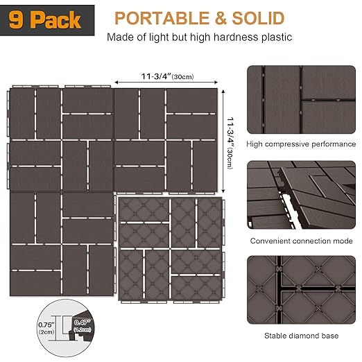 Goovilla Plastic Interlocking Deck Tiles, 9 Pack Outdoor Patio Flooring, 12"x12" Interlocking Decking Tile Outdoor All Weather Use, Waterproof Patio Pavers for Pool Balcony Backyard Porch, Dark Coffee