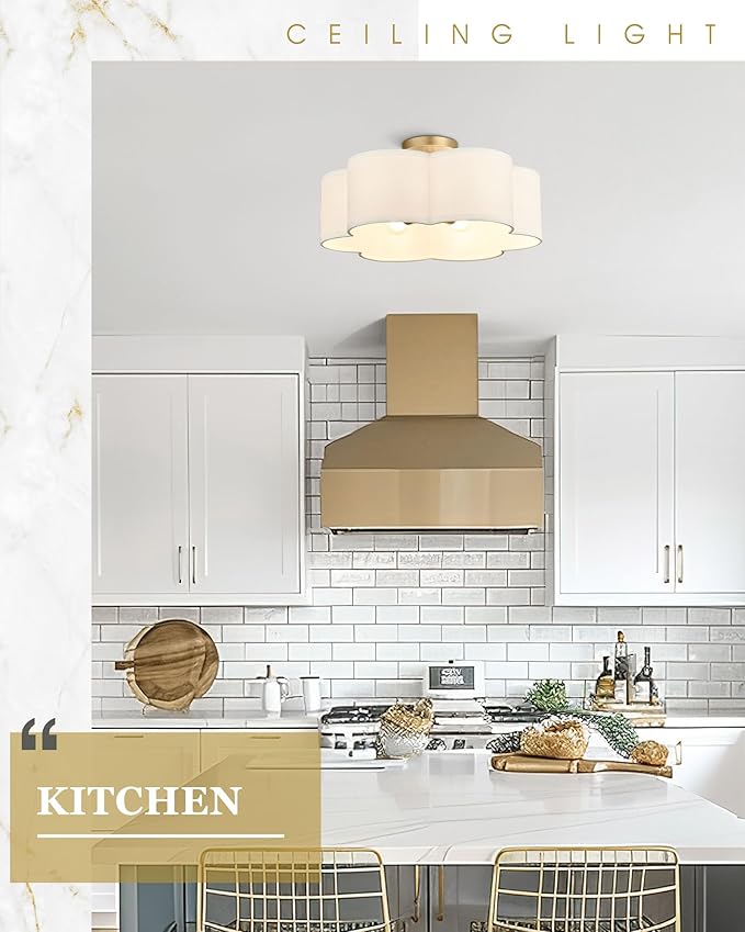 Gold Semi Flush Mount Ceiling Lights, 6-Light 18Inch Ceiling Light Fixtures with Fabric Shade in Flower Shape, Farmhouse Brass Drum Lighting for Nursery Bedroom Kitchen, AD-22007-6SF-GD