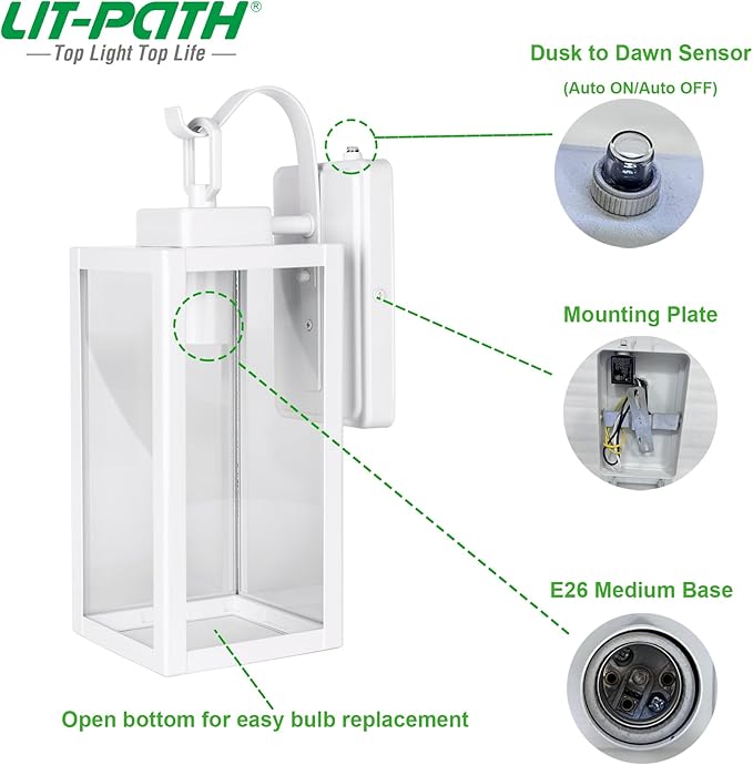 LIT-PaTH Dusk to Dawn Outdoor Wall Lantern, Wall Sconce as Porch Lighting Fixture, E26 Medium Base Max 60W, Anti-Rust Metal with Glass Shade, White, 1-Pack