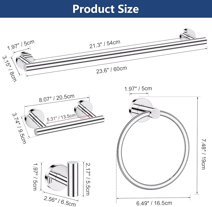 TQKAG Polished Chrome 5 Piece Bathroom Hardware Accessories Set 23.6" SUS304 Stainless Steel Bathroom Towel Bar Holder Sets Double Post Pivoting Toilet Paper Holder Set Wall Mounted