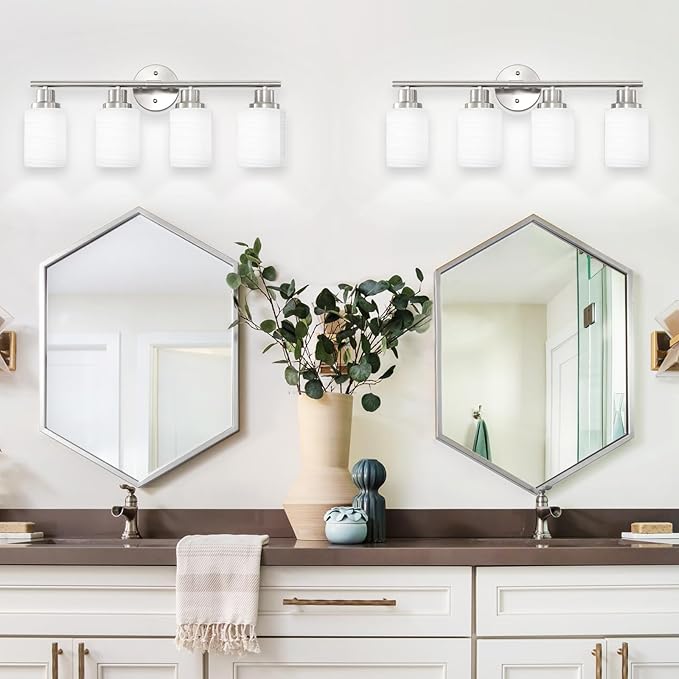 4-Light Brushed Nickel Vanity Lights for Mirror, Bathroom Light Fixtures with Textured Milky White Glass Shade, Modern Kitchen Light Fixtures Wall Sconce Light - E26 Base