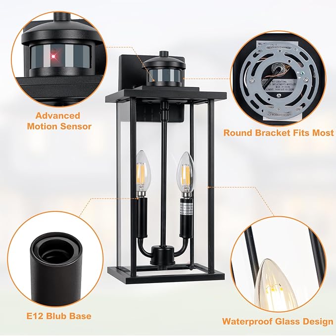 Large Motion Sensor Outdoor Sconce 2-Pack, 16" Black Dusk to Dawn Wall Light, Outdoor Wall Mount Fixtures, 2-Light Exterior Waterproof Wall Lights, Doorway, House Front Door, Patio, Garage