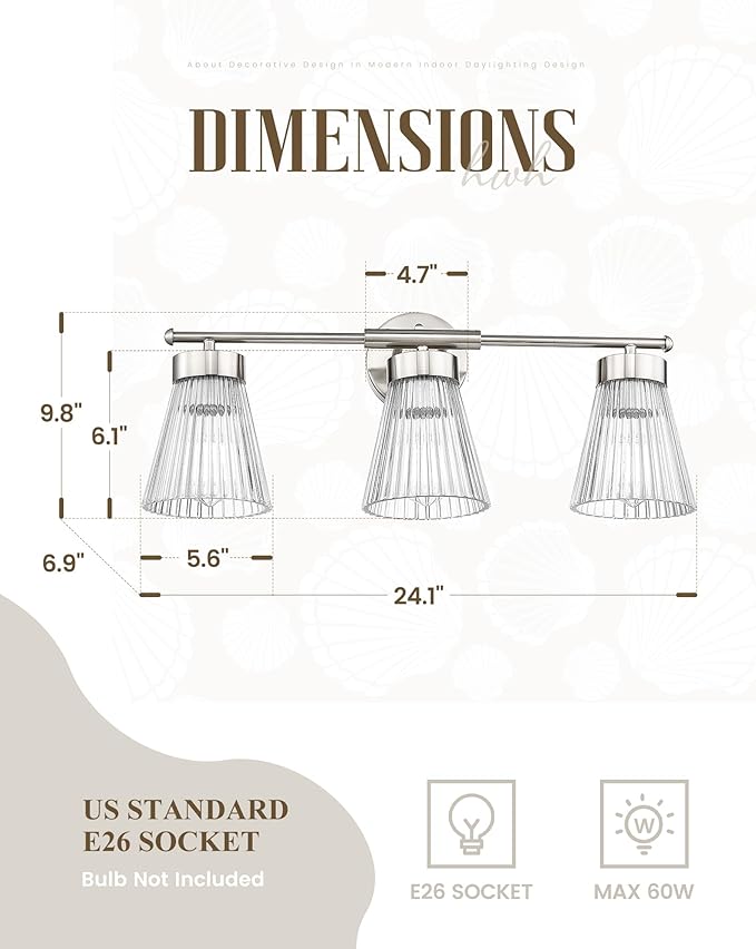 Brushed Nickel Bathroom Vanity Light, HWH 3-Light Vanity Lights for Bathroom Vanity Wall Lamp Over Mirror, Modern Vanity Light Fixtures with Striped Clear Glass, 5HZG97B-3W BN