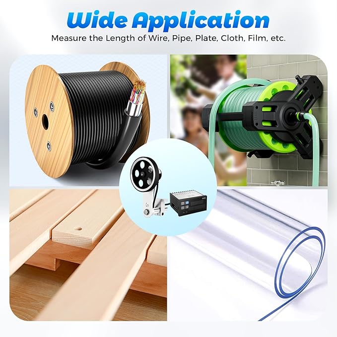 Digital Length Meter Counter, 110V Adjustable Mechanical Length Counter 0-999999m Electronic Measure Tool Single Measure Wheel with 4 Measurement Modes Feet Inches Meters Yards