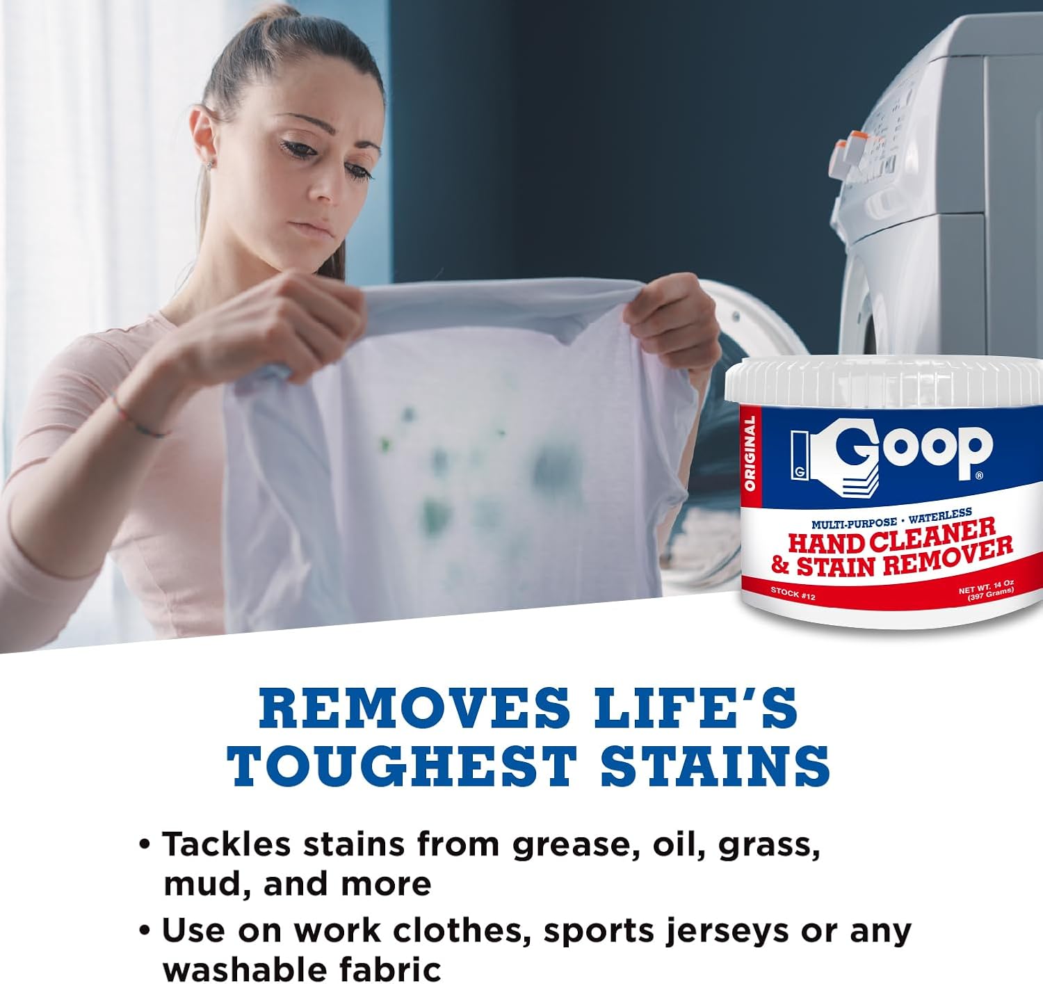 GOOP Multi-Purpose Hand Cleaner- Waterless Hand Degreaser, Laundry Stain Remover - NonToxic and Biodegradable Cleaner Remove Dirt, Oil, Paint, Ink, and Clothes Stains Original, 14oz Pack of 1