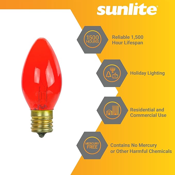 Sunlite 7C9/TR Incandescent 7-Watt, Intermediate Based, C9 Night Light Colored Bulb, Transparent Red, 25 Pack