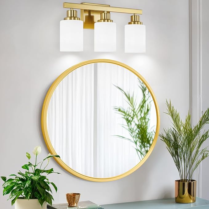 3-Light Gold Bathroom Light Fixtures, Modern Vanity Light with Milky White Glass Shade, Gold Wall Lamp Sconces for Mirror, Bedroom, Living Room, Hallway