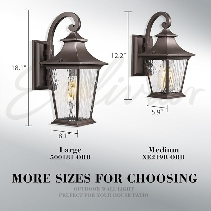 Emliviar 18.1" Outdoor Wall Light in Oil Rubbed Bronze Finish, Outside Wall Mount Light for Front Door, Water Ripple Glass with Die-cast Aluminum, 500181 ORB