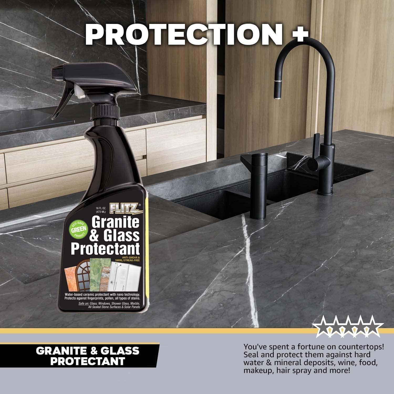 Flitz Granite & Glass Protectant - 16oz Bottle of USA-Made Granite Sealer and Glass Countertop Protector - Cleans & Prevents Liquid, Stains, & Others - Also Works on Marble & All Metals (3 Pack)