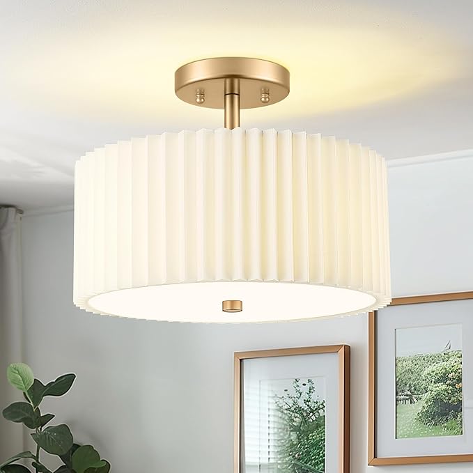 Gold Semi Flush Mount Ceiling Light, 3-Light 12.5" Ceiling Light Fixture with White Pleated Fabric Shade, Drum Lamp for Nursery Hallway Bedroom Kitchen, AD-25036-3SF-GD