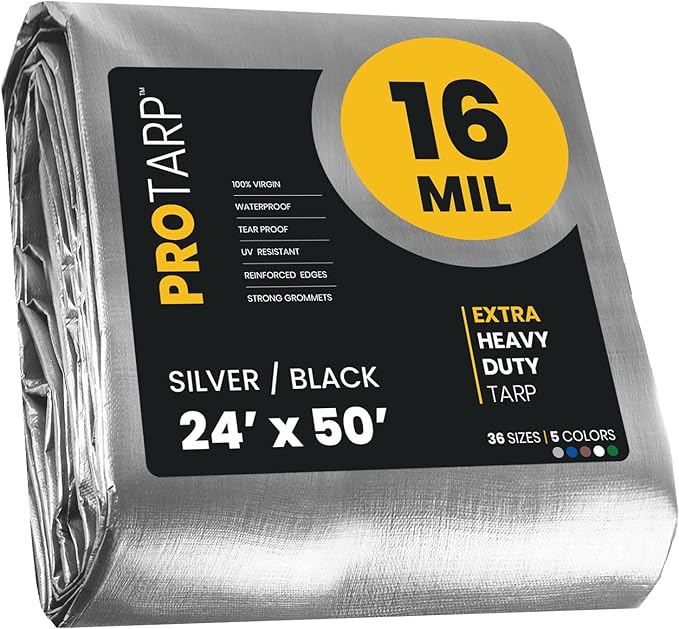 PROTARP Extra Heavy Duty 16 Mil Tarp Cover, Waterproof, UV Resistant, Rip and Tear Proof, Poly Tarpaulin with Reinforced Edges for Roof, Camping, Patio, Pool, Boat. (Silver/Black 24′ X 50′)