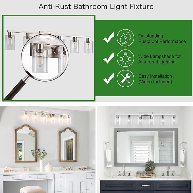 6-Light Bathroom Light Fixtures, Vanity with Clear Glass, Brushed Nickel Lighting Fixtures Over Mirror, 42inch Large Lights for Bathroom