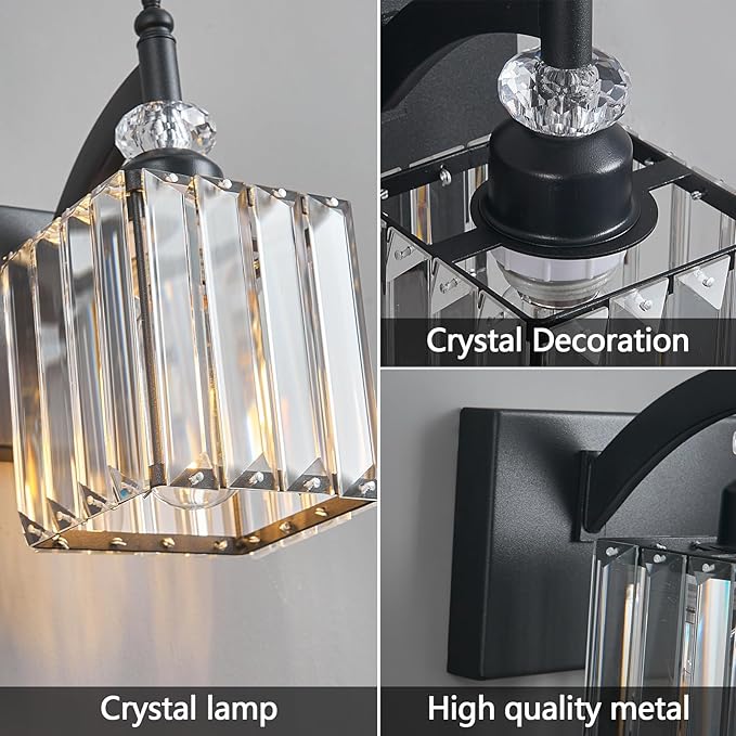 Crystal Vanity Lights - Black, 6 Light Bathroom Vanity Light with Crystal Fixture, Modern Style for Bathroom Mirror