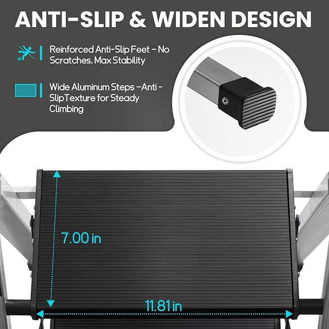 XinSunho 3 Step Ladder, Aluminum Folding Stool with Retractable Handrails & Tool Tray, Anti-Slip, Sturdy Lightweight, 330lbs Safety for Kitchen Indoor Outdoor