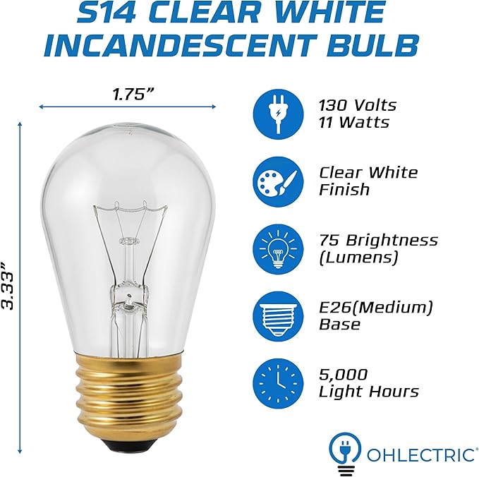OHLECTRIC Clear White Night Light Bulbs (10-Pack) 11-Watt S14 Sign Bulb, Decorative Light Bulbs, E26 Medium Base, Colorful Bulbs, Dimmable, Sign Replacement Lamp for Indoor & Outdoor Use. Avg Hrs 5000