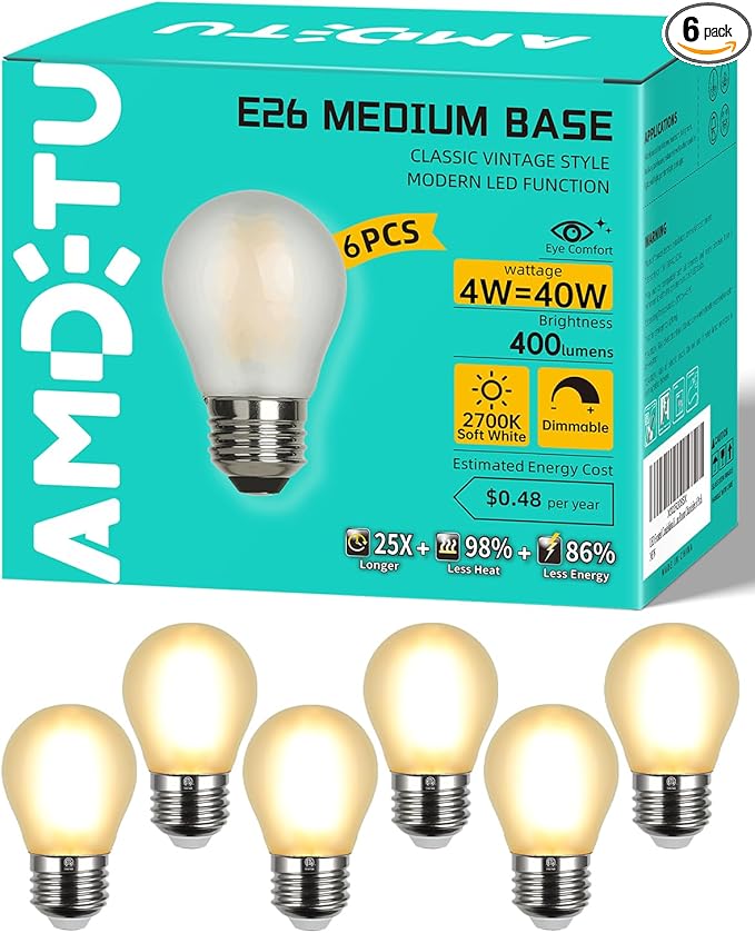 Vintage LED Edison Short Small Light Bulb 40W Dimmable E26 Globe 2700K Soft white Frosted 40 Watt Warm Standard Medium Base G45 Bulbs Ideal for Ceiling Fan,Vanity Light,Table Lamp Create Cozy Ambiance