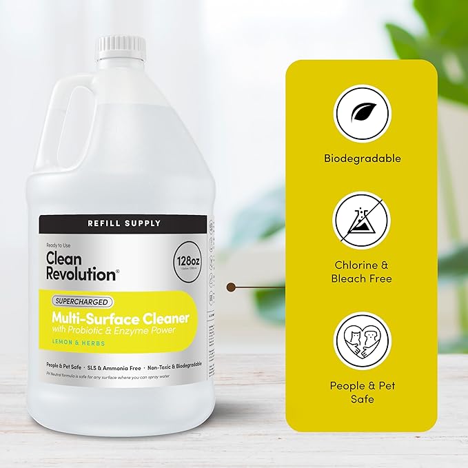 Clean Revolution SuperCharged Multi-Surface Cleaner, Non-Toxic, Eco-Friendly & Plant-Based, Ready to Use, Lemon & Herbs, 128 Fl Oz